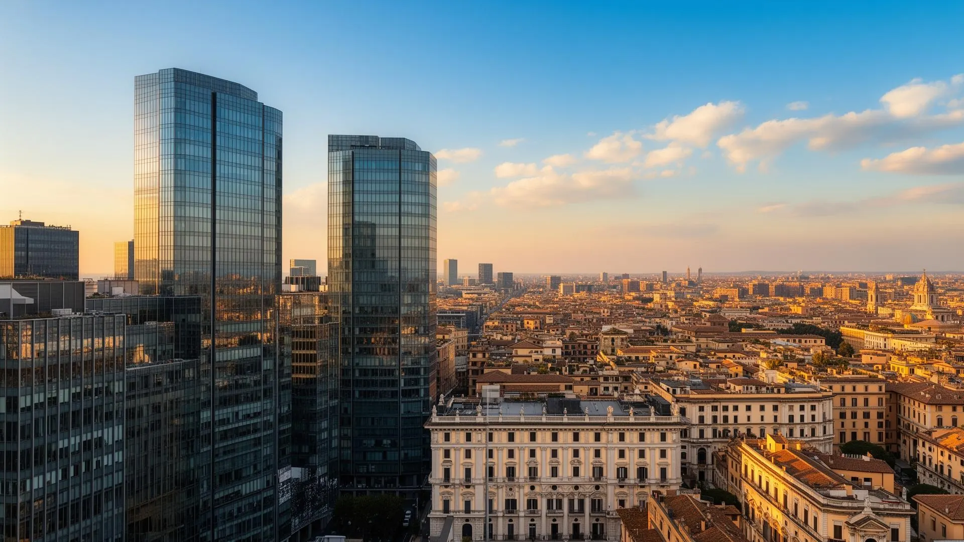 Skyline di città italiana al tramonto: consulenza energetica Rainbow Consulting